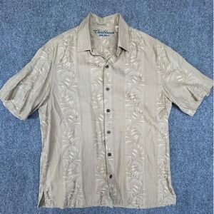 Caribbean Mens Silk Blend Tan Palm Jacquard Short Sleeve Button Down Shirt L